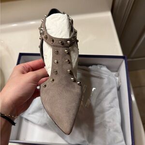 Suart Weitzman Studded Taupe Suede Pointed Toe Women's heel